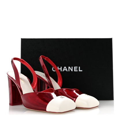 Chanel Lambskin Laminated Calfskin Cap Toe CC Slingback Pumps 37.5 Red Ivory 10 of 10