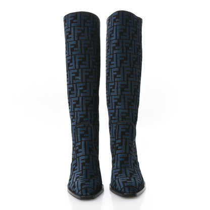 Fendi Chenille Jacquard FF 110mm Knee Boots 38 Black Blue 3 of 7