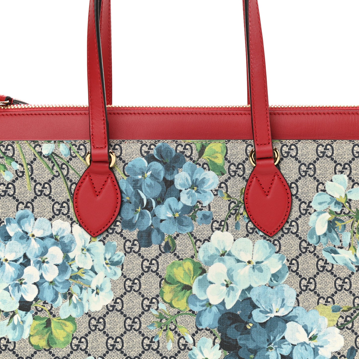 GG Supreme Monogram Blooms Medium Zippered Bucket Tote Beige Blue Navy Hibiscus Red
