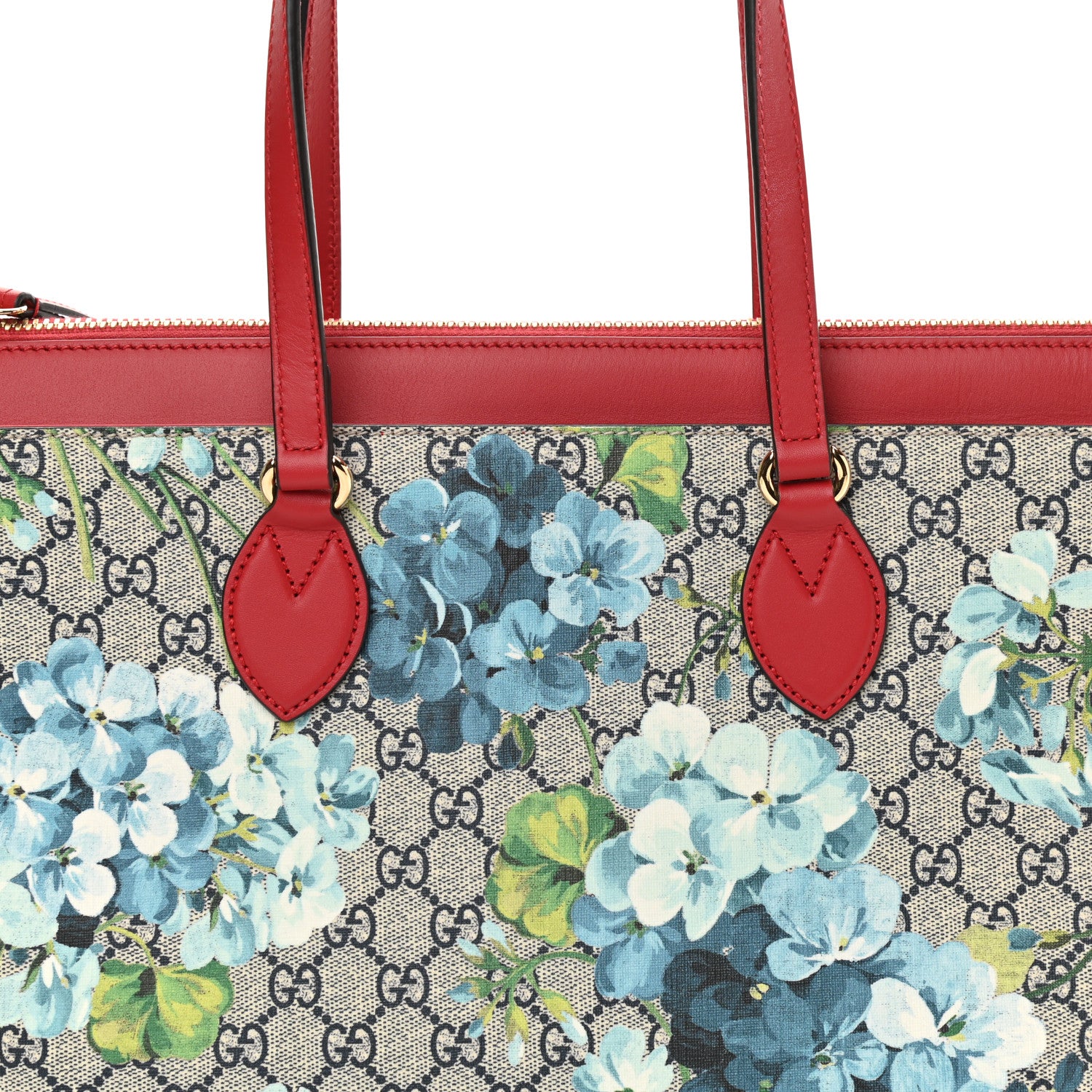 Gucci GG Supreme Monogram Blooms Medium Zippered Bucket Tote Beige Blue Navy Hibiscus Red 8 of 14