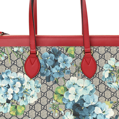 Gucci GG Supreme Monogram Blooms Medium Zippered Bucket Tote Beige Blue Navy Hibiscus Red 8 of 14