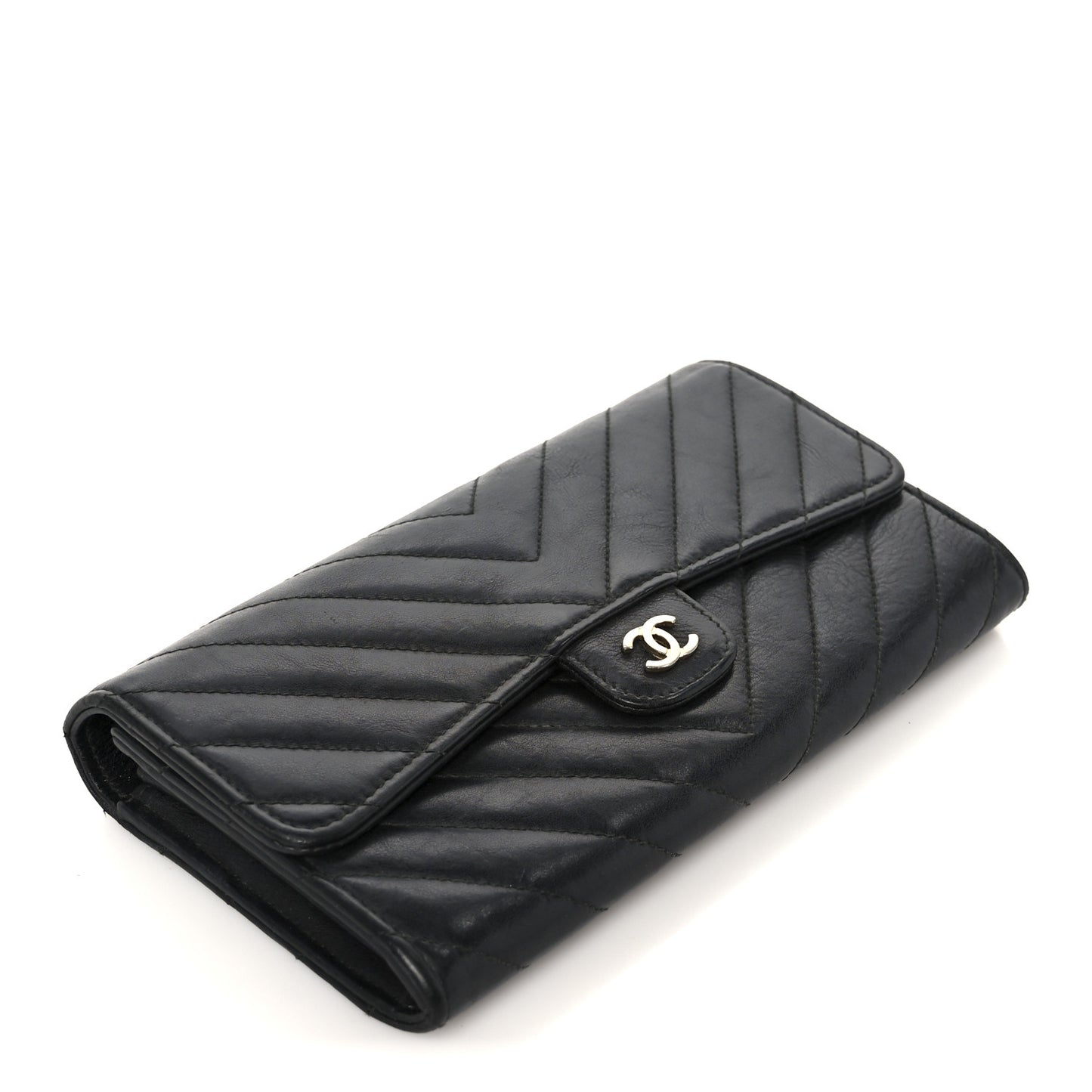 Calfskin Chevron Quilted Large Gusset Flap Wallet Black