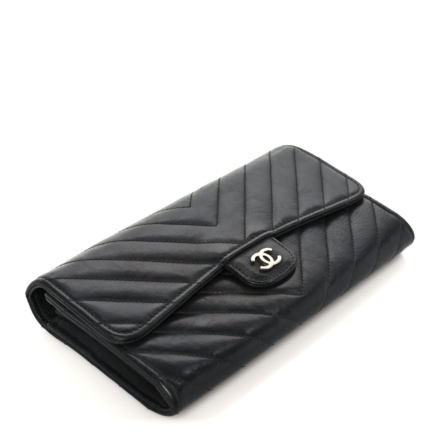 Chanel Calfskin Chevron Quilted Large Gusset Flap Wallet Black 4 of 9