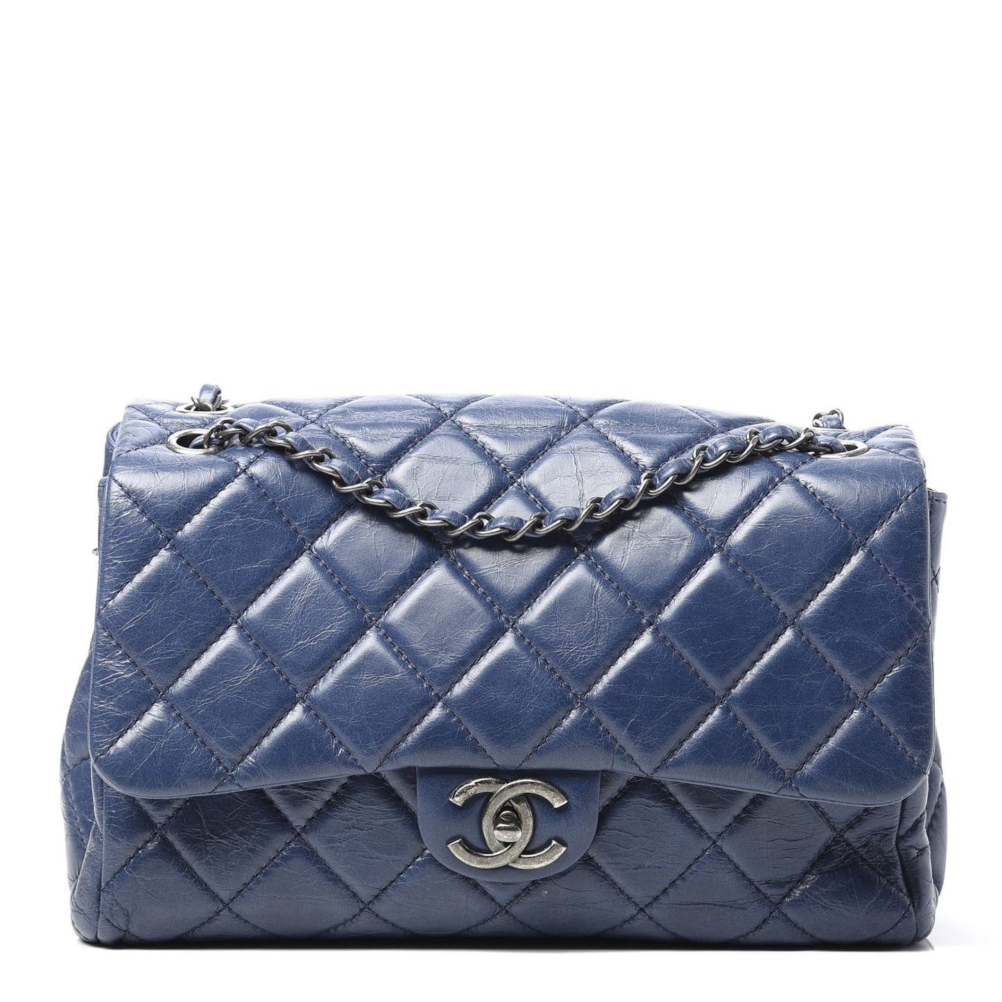 Glazed Calfskin Quilted Large Coco Soft Flap Navy