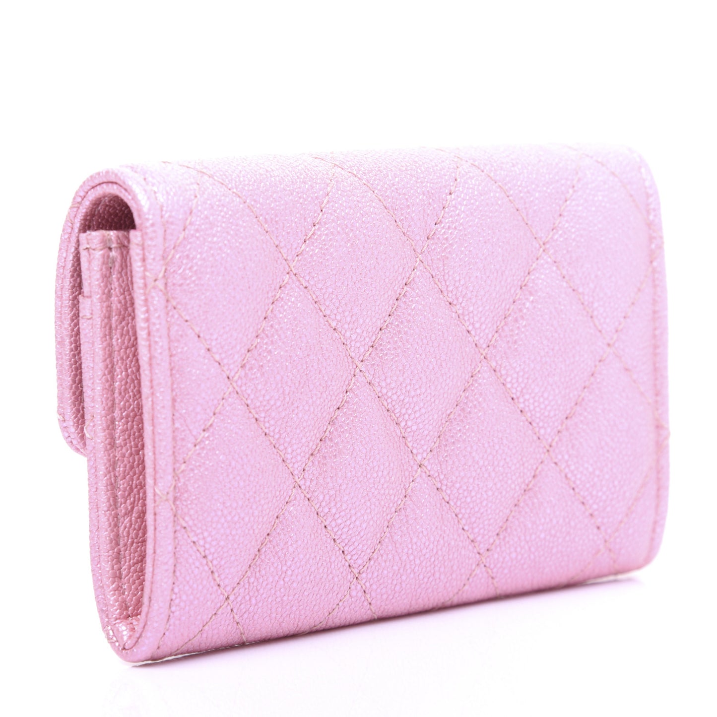 Iridescent Caviar Quilted Flap Card Holder Rose Pink