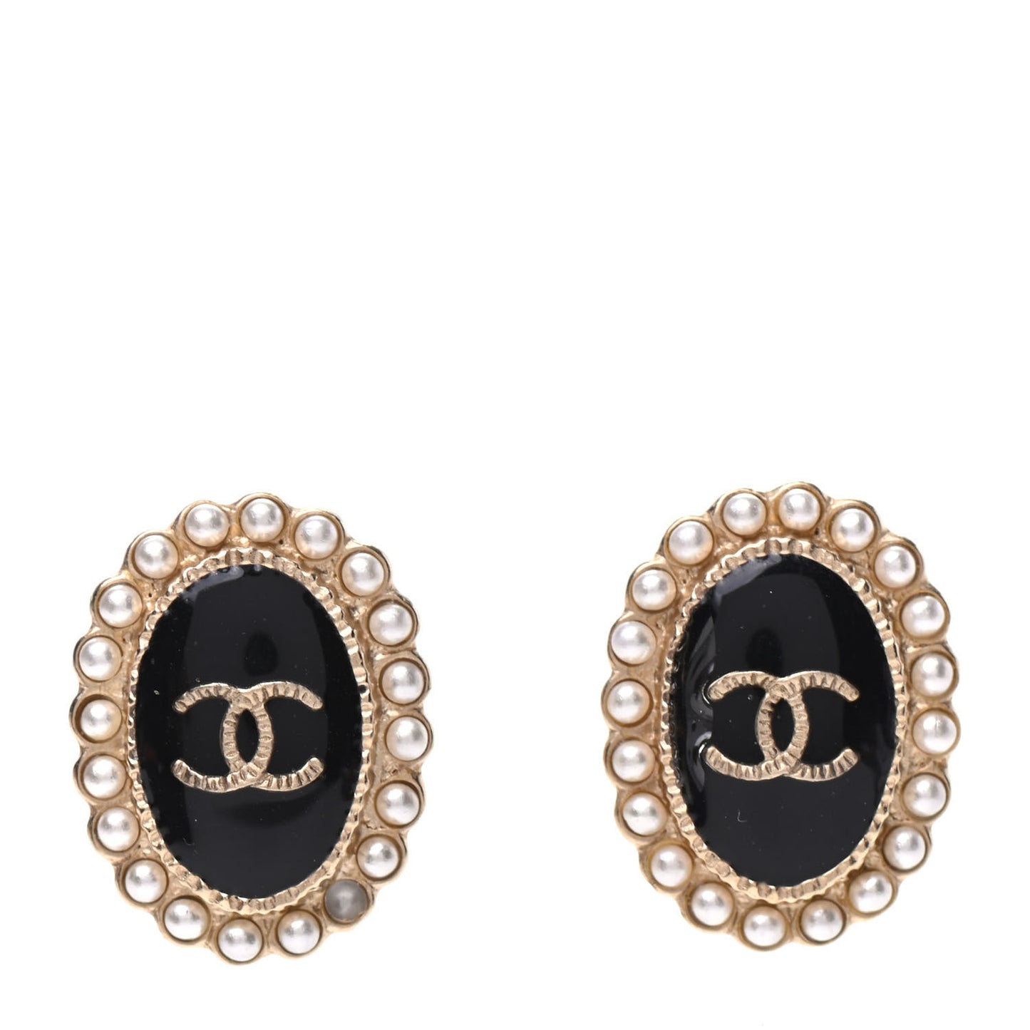 Pearl Enamel CC Oval Earrings Gold Black