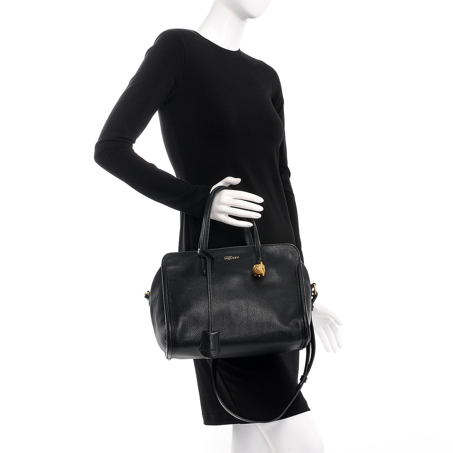 Pebbled Calfskin Small Skull Padlock Zip Around Tote Black