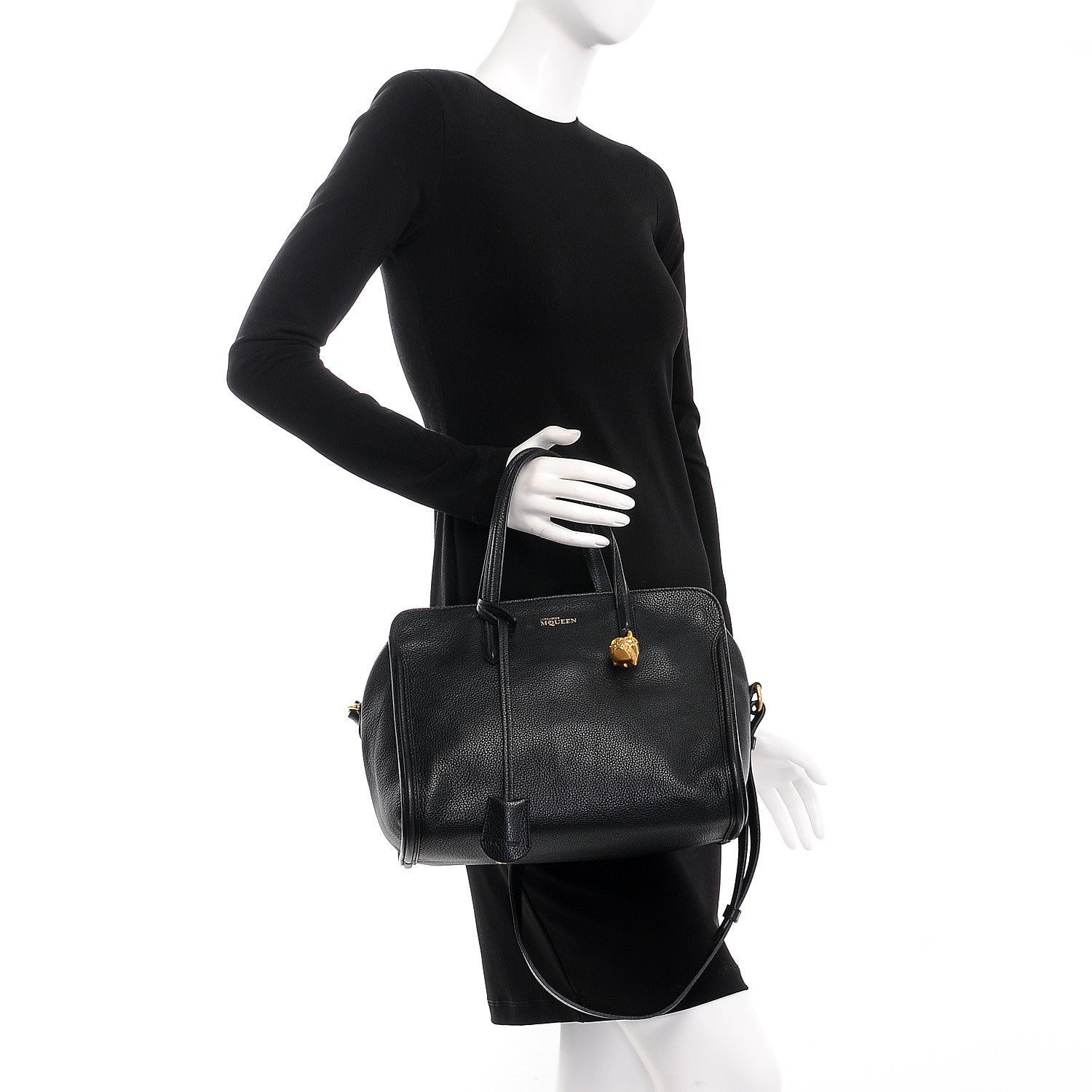 Alexander McQueen Pebbled Calfskin Small Skull Padlock Zip Around Tote Black 3 of 9