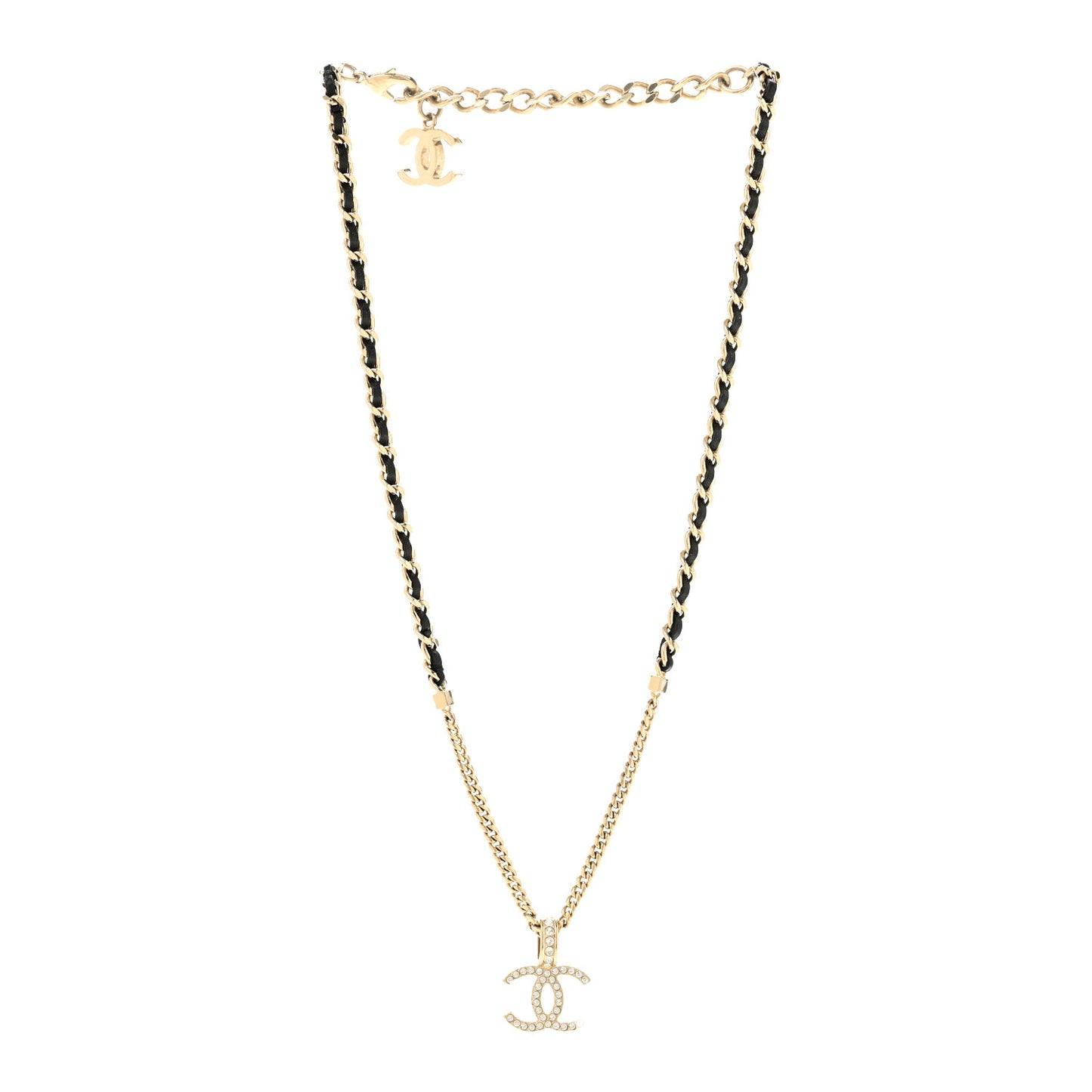 Lambskin Crystal CC Chain Pendant Necklace Black Gold
