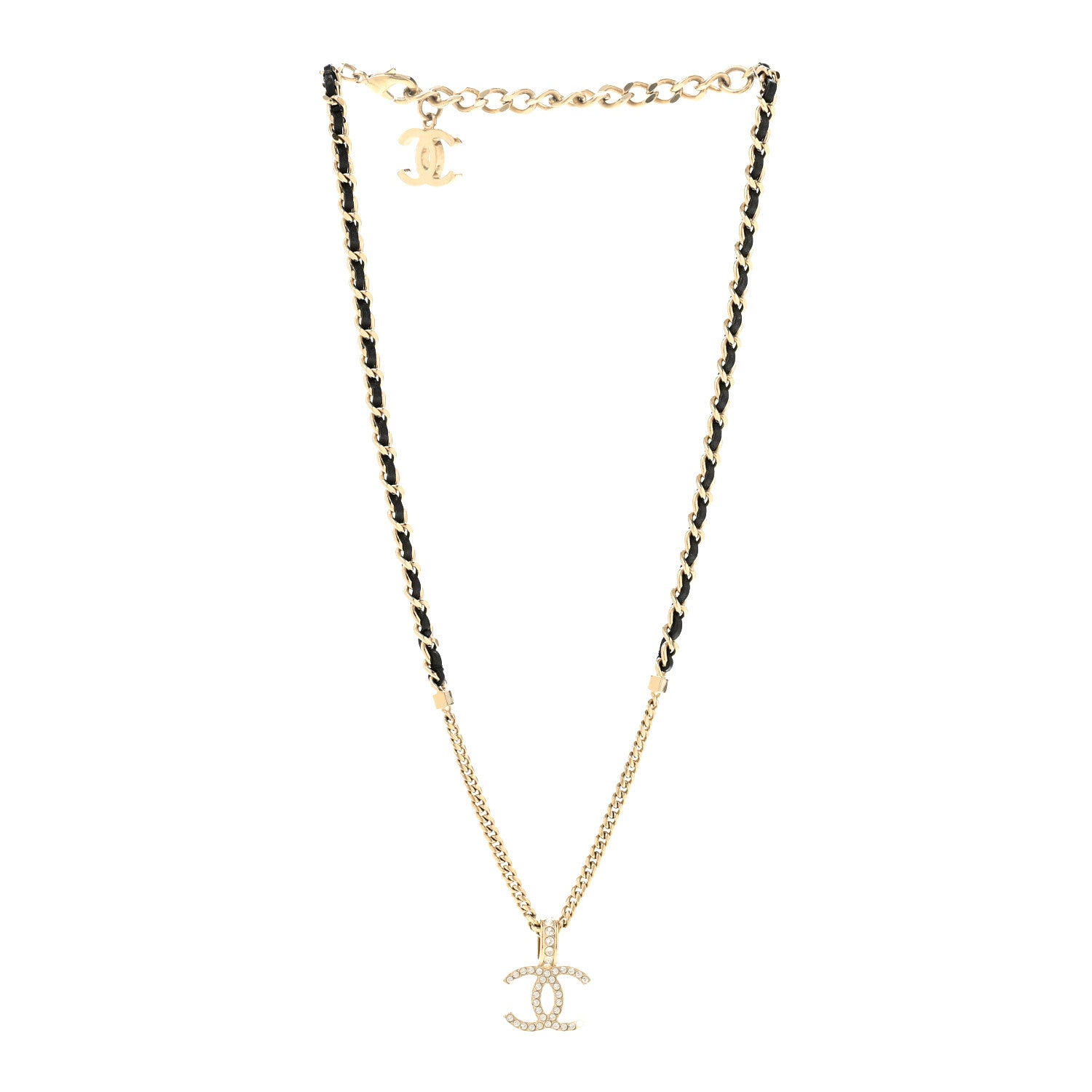 Chanel Lambskin Crystal CC Chain Pendant Necklace Black Gold 3 of 6