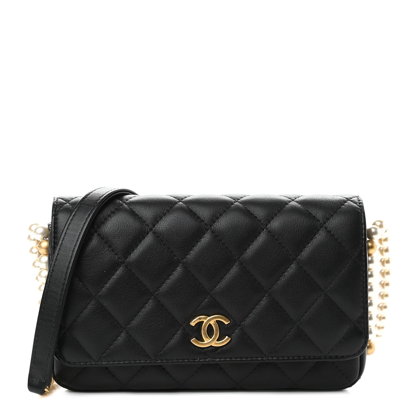 Calfskin Quilted Pearl Wallet On Chain WOC Black
