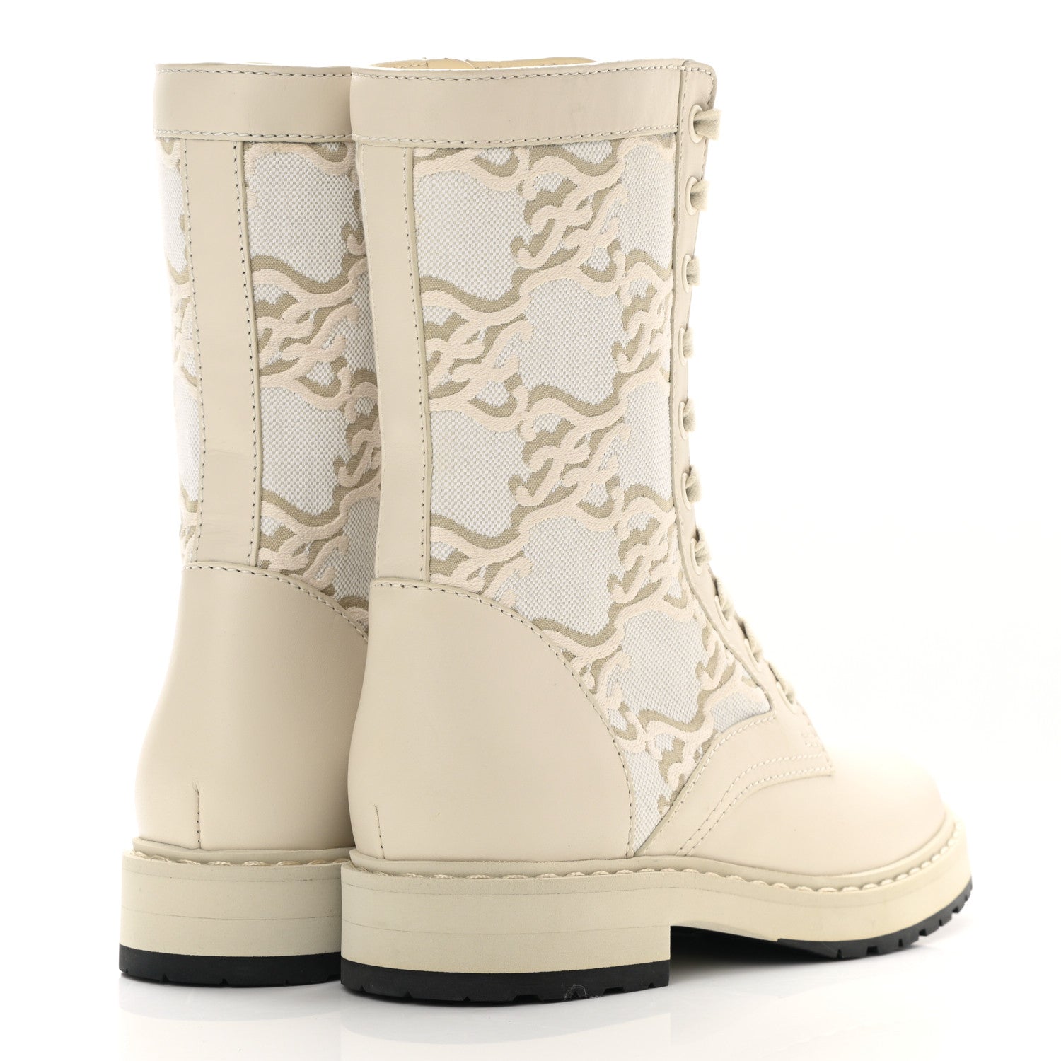 Fendi Vitello Fabric Jacquard Karligraphy Embroidered Womens Combat Boots 35 White Camelia 4 of 7