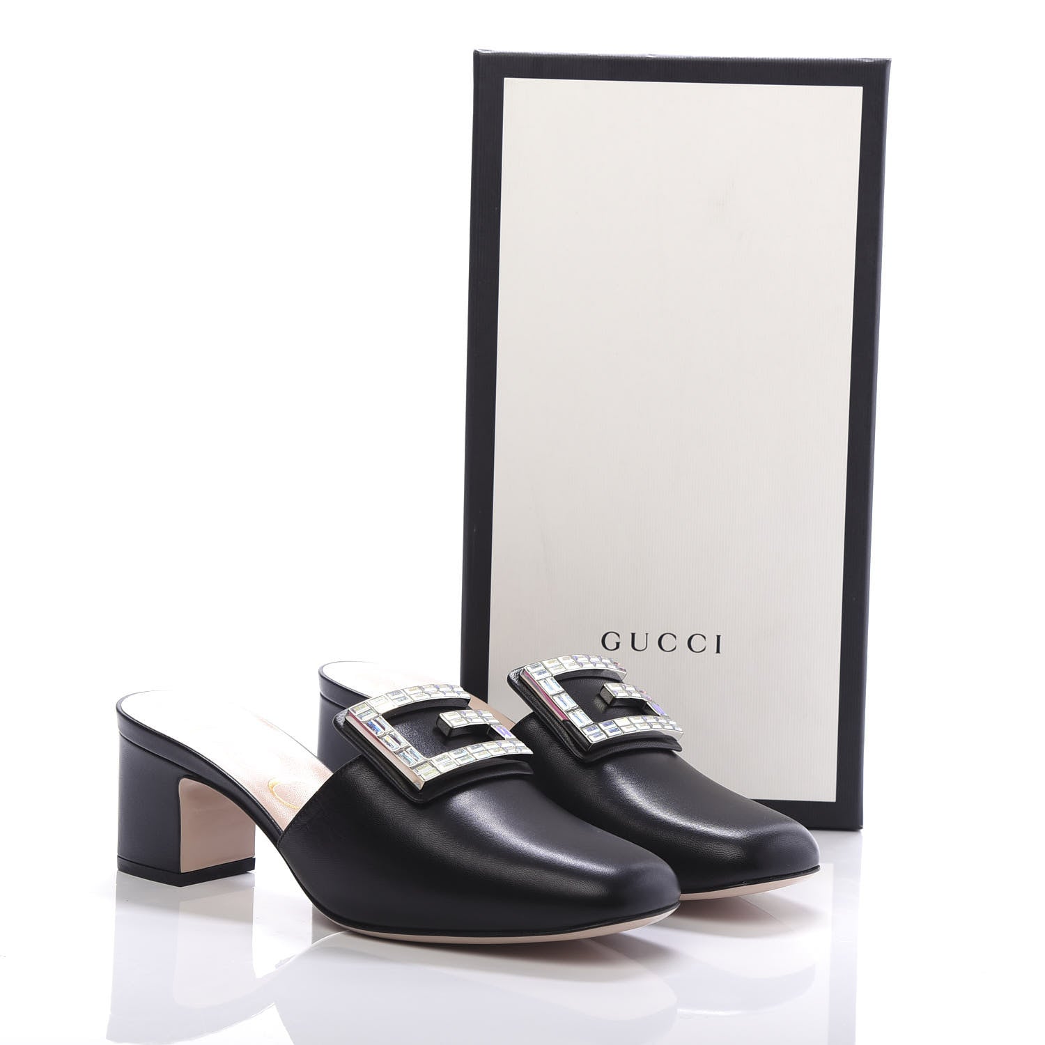 Gucci Malaga Kid Crystal Square G Madelyn Mules 38 Black 9 of 10