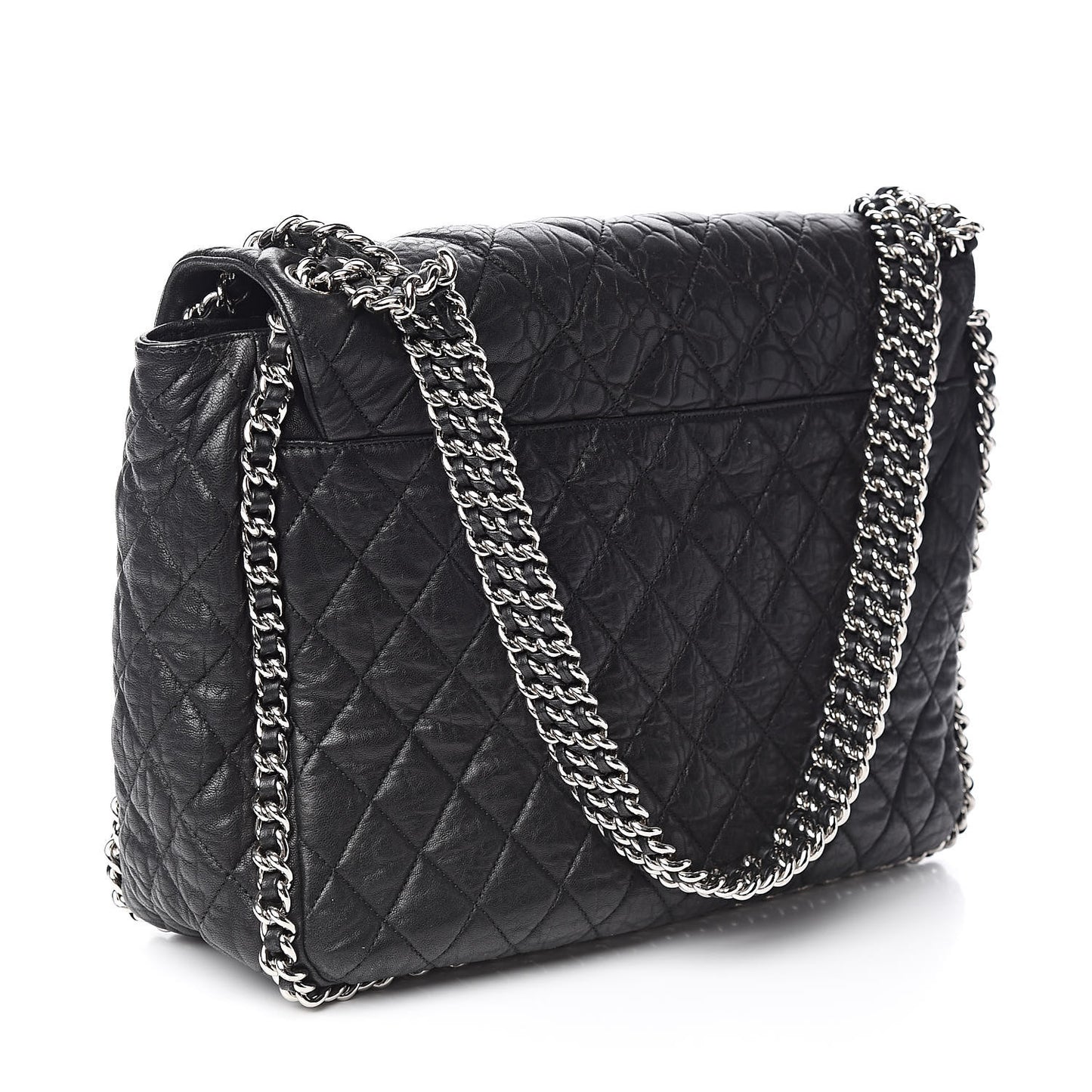 Washed Lambskin Quilted Maxi Chain Around Flap Black