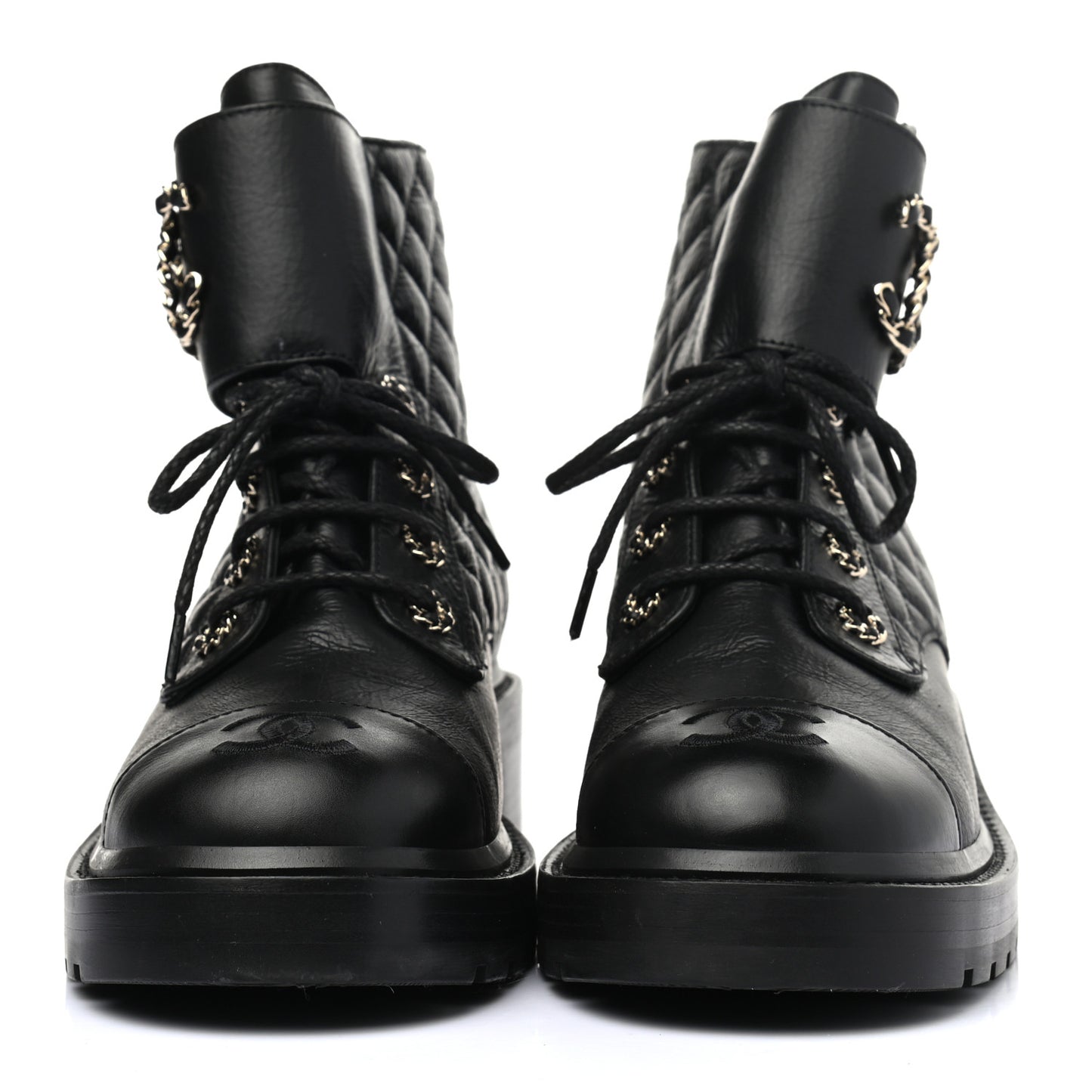 Shiny Goatskin Calfskin Quilted Lace Up Combat Boots 40 Black