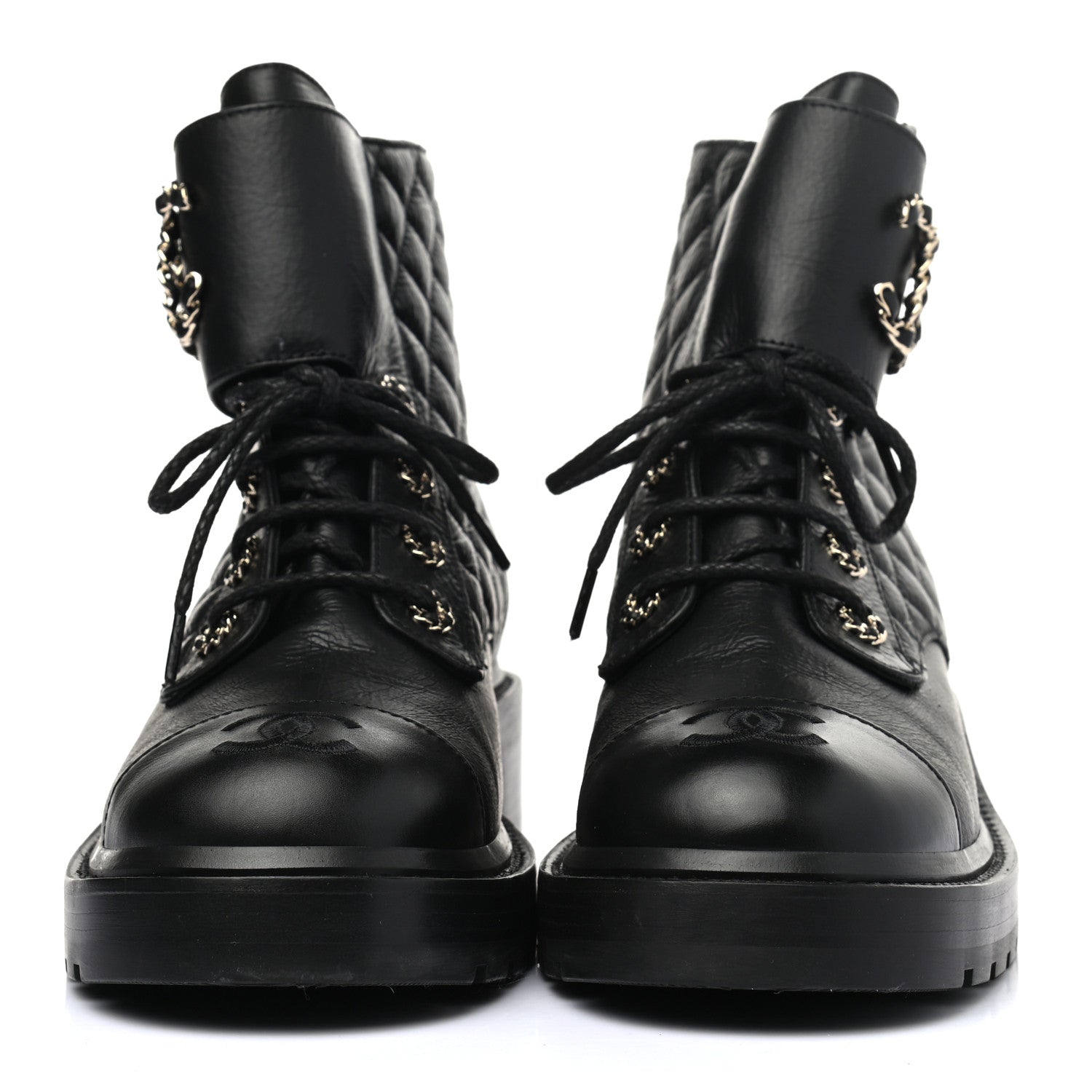 Chanel Shiny Goatskin Calfskin Quilted Lace Up Combat Boots 40 Black 2 of 7