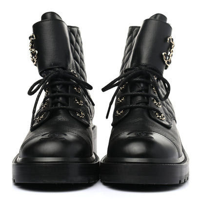 Chanel Shiny Goatskin Calfskin Quilted Lace Up Combat Boots 40 Black 2 of 7