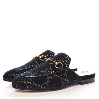 Gucci Velvet GG Monogram Womens Princetown Slippers 35 Blue Beige 3 of 9