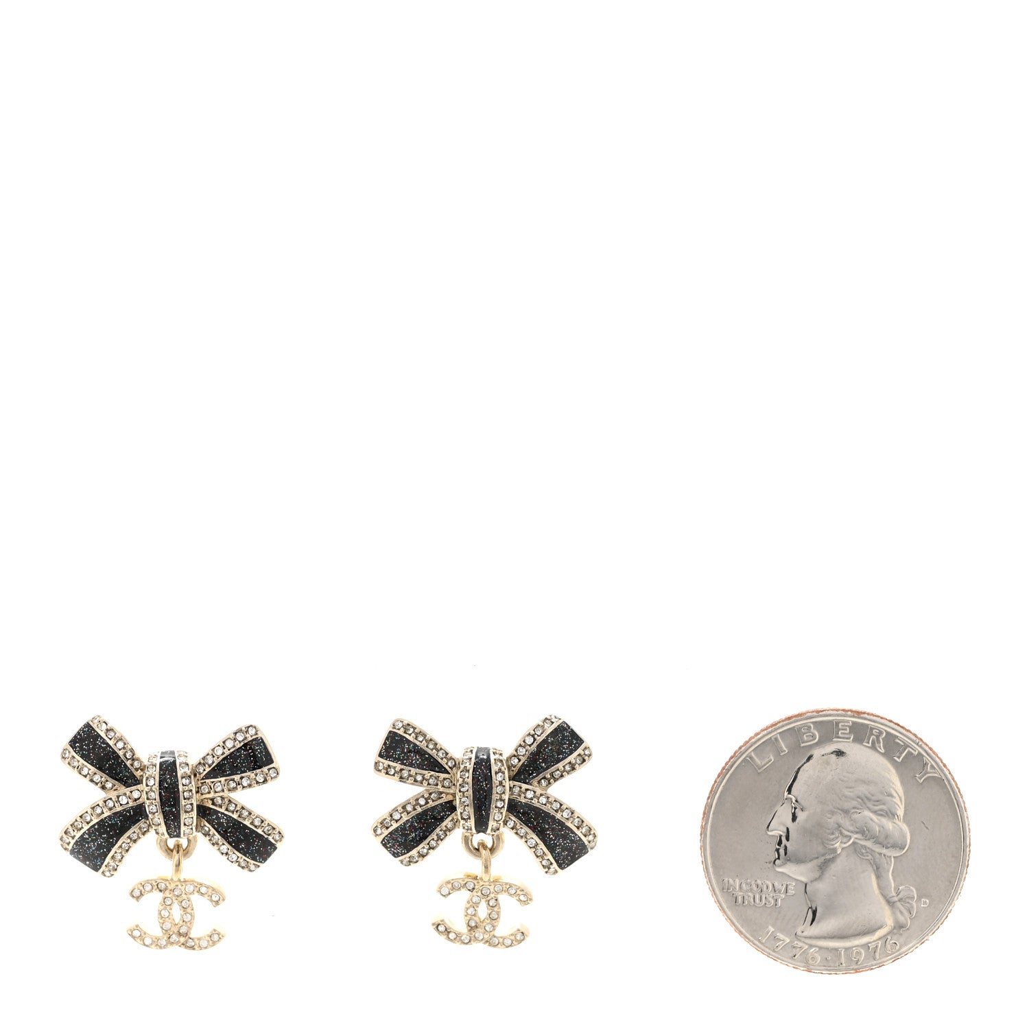 Chanel Crystal Glitter Bow Drop CC Earrings Gold Black 2 of 5