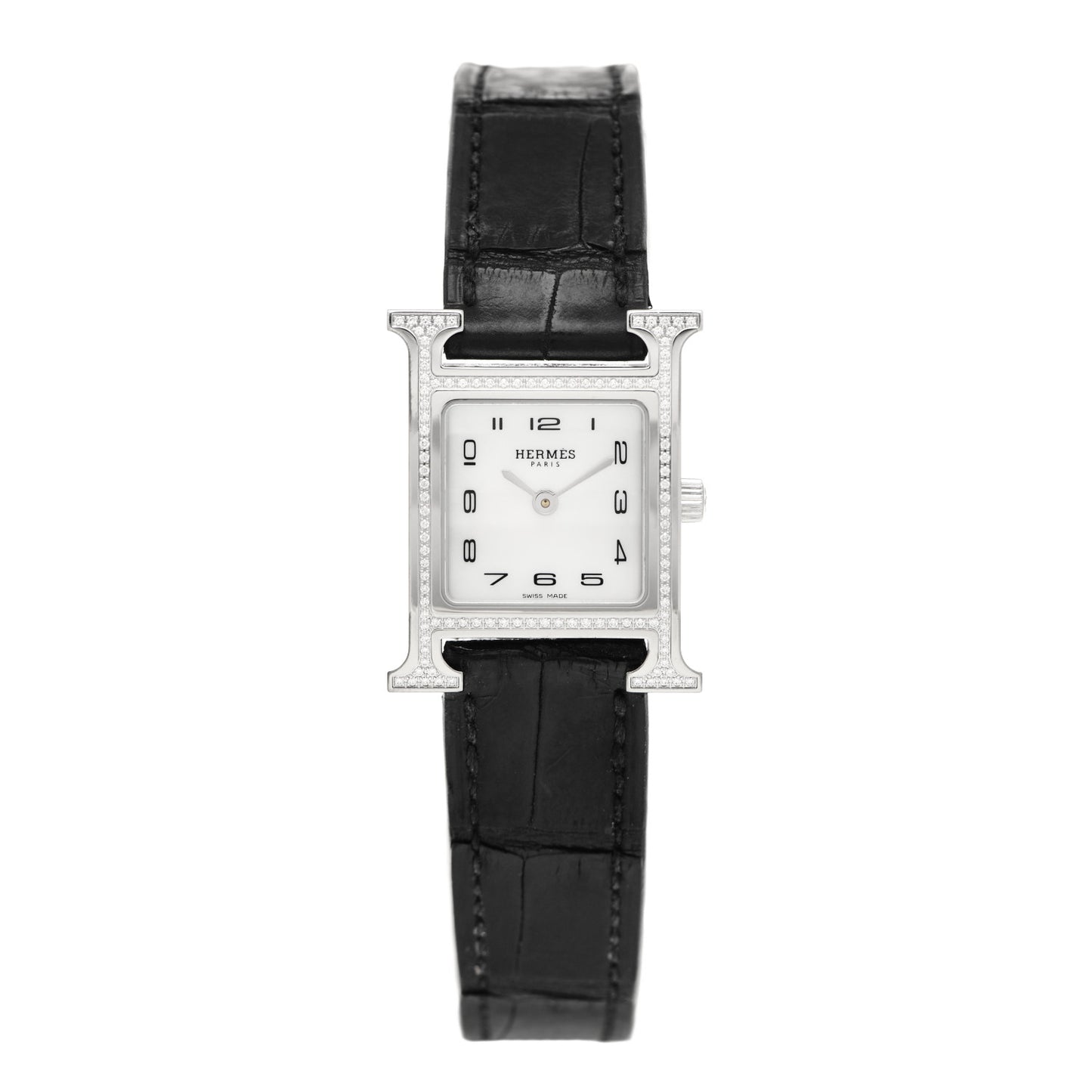 Stainless Steel Alligator Diamond Bezel Mother of Pearl 21mm Heure H Hour Quartz Watch Noir