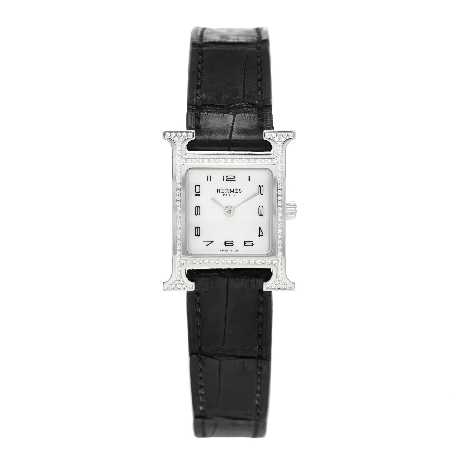 Hermes Stainless Steel Alligator Diamond Bezel Mother of Pearl 21mm Heure H Hour Quartz Watch Noir 1 of 5