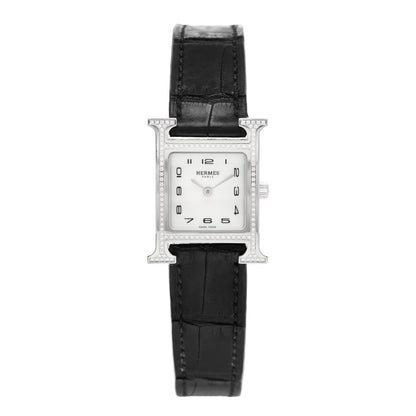 Hermes Stainless Steel Alligator Diamond Bezel Mother of Pearl 21mm Heure H Hour Quartz Watch Noir 1 of 5