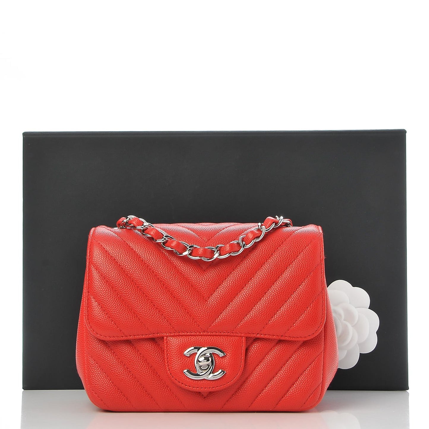 Caviar Chevron Quilted Mini Square Flap Red