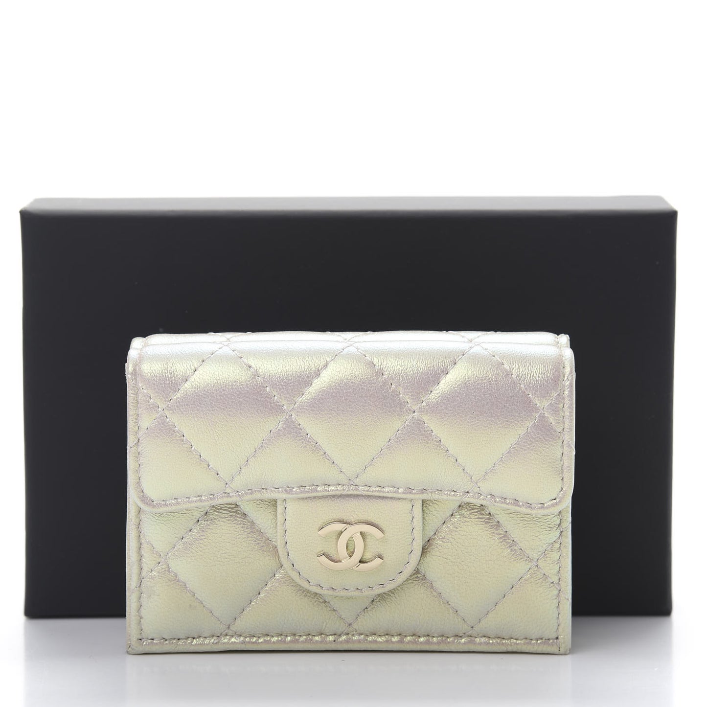 Iridescent Lambskin Quilted Double Flap Wallet Ivory
