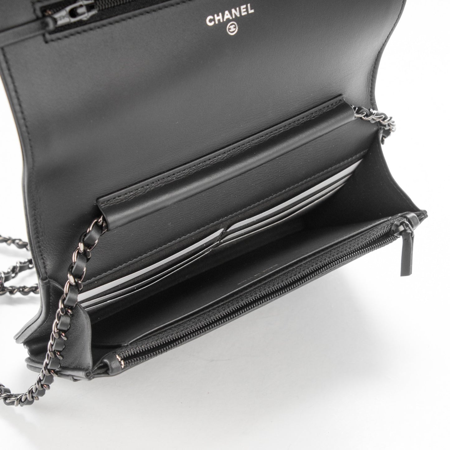 Calfskin Painted Chevron Embossed Boy Wallet On Chain WOC Black