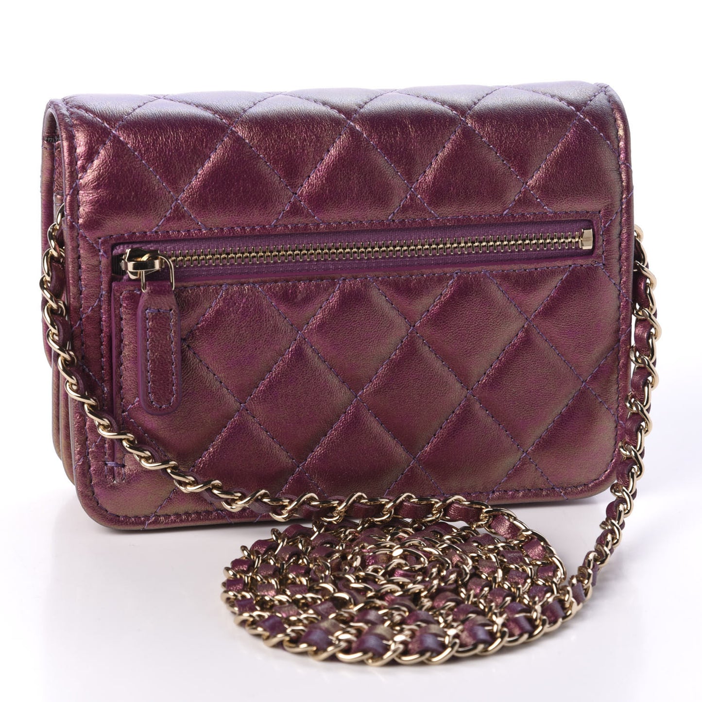 Iridescent Lambskin Quilted Mini Wallet On Chain WOC Purple