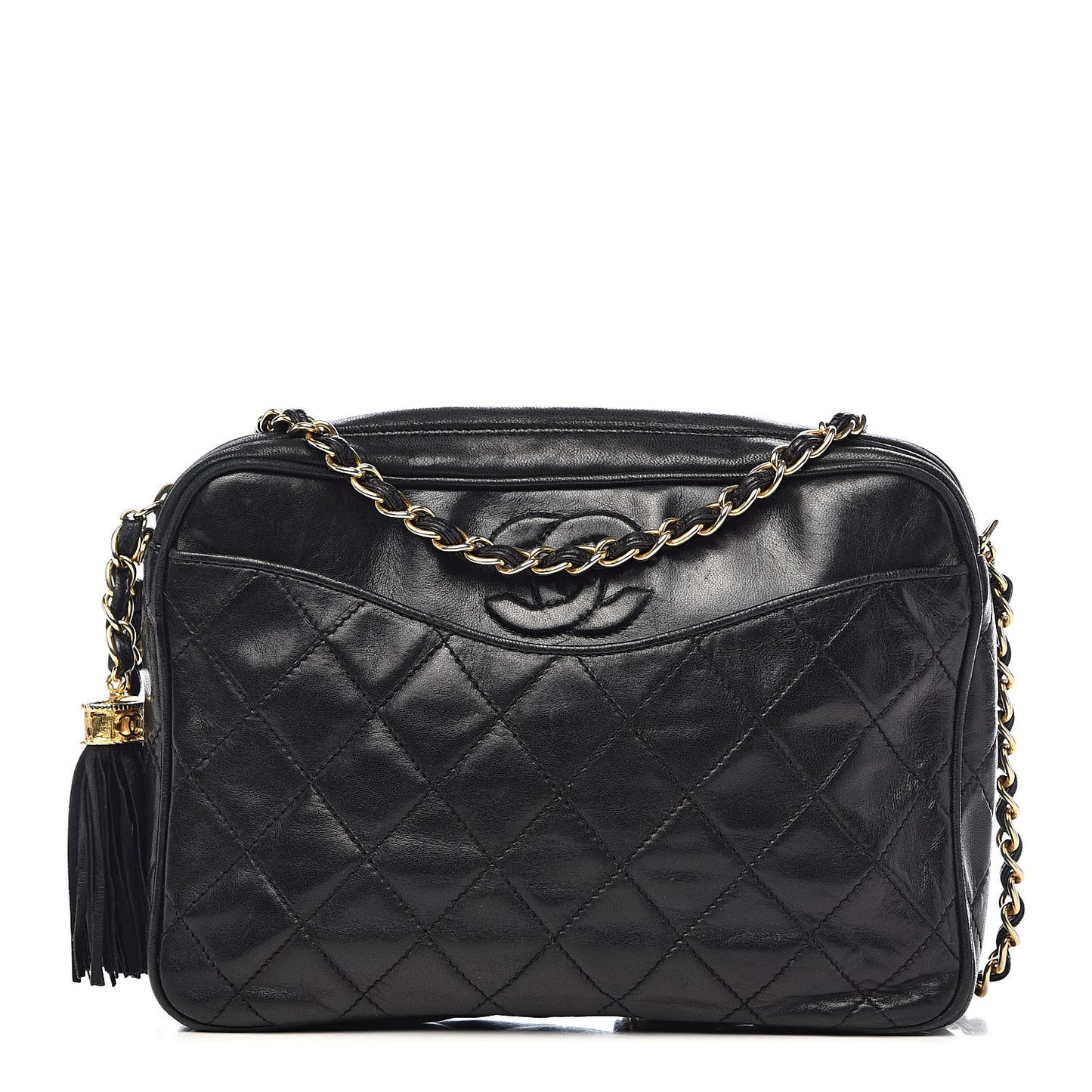 Lambskin Quilted CC Tassel Camera Case Black