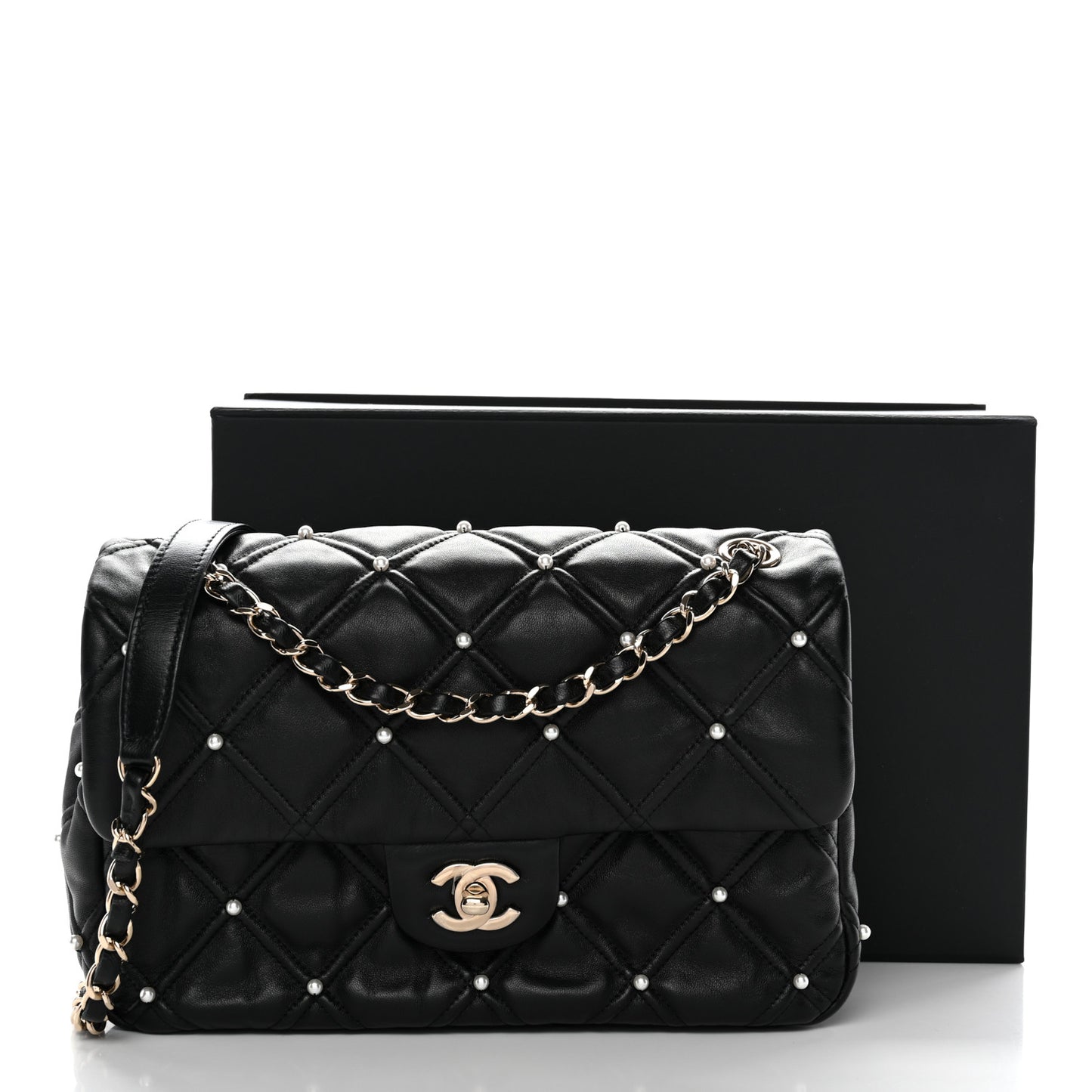 Lambskin Quilted Pearl Studded Flap Black