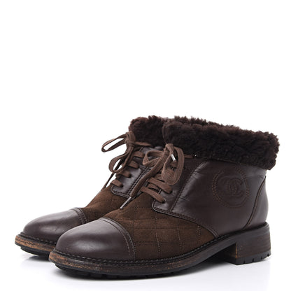Chanel Suede Calfskin Shearling Cap Toe CC Short Boots 38 Brown 3 of 13