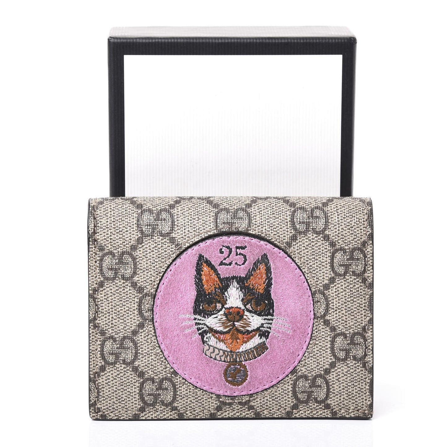 GG Supreme Monogram Bosco Patch Card Case Wallet Beige Malva Hibiscus Red