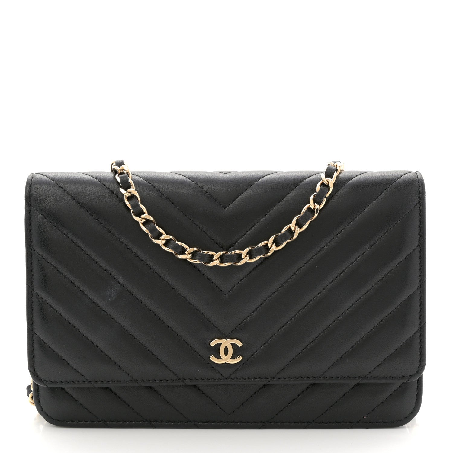 Chanel Lambskin Chevron Quilted Wallet On Chain WOC Black 1 of 12