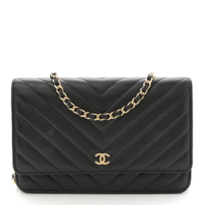 Chanel Lambskin Chevron Quilted Wallet On Chain WOC Black 1 of 12