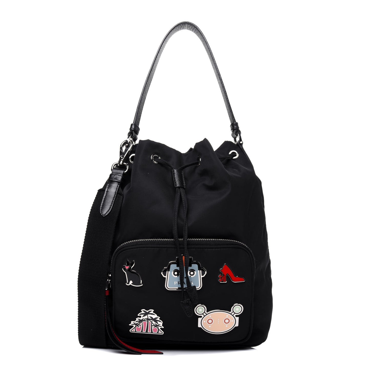 Tessuto Nylon Saffiano Smalto Mini Bucket Crossbody Bag Black