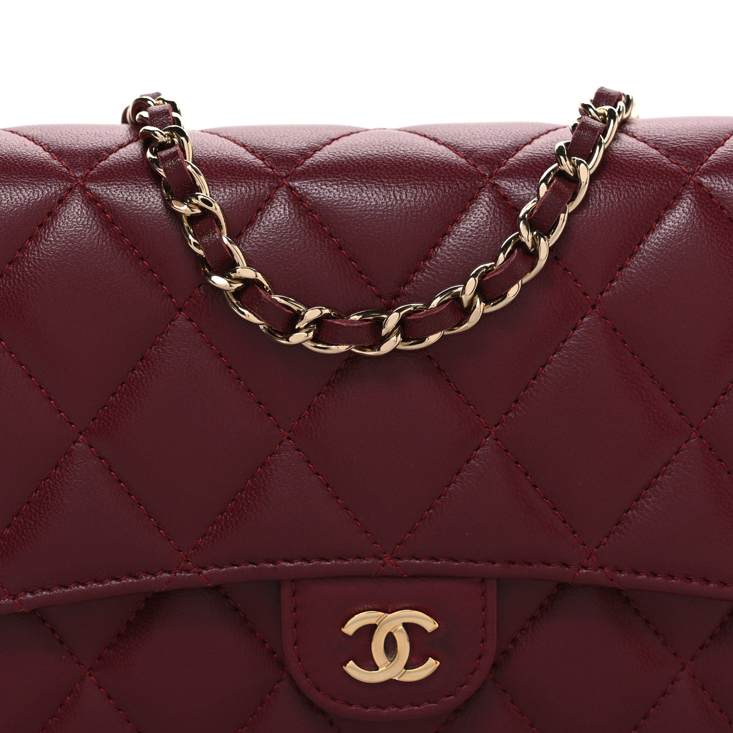 Lambskin Quilted Phone Holder Wallet on Removable Chain Burgundy