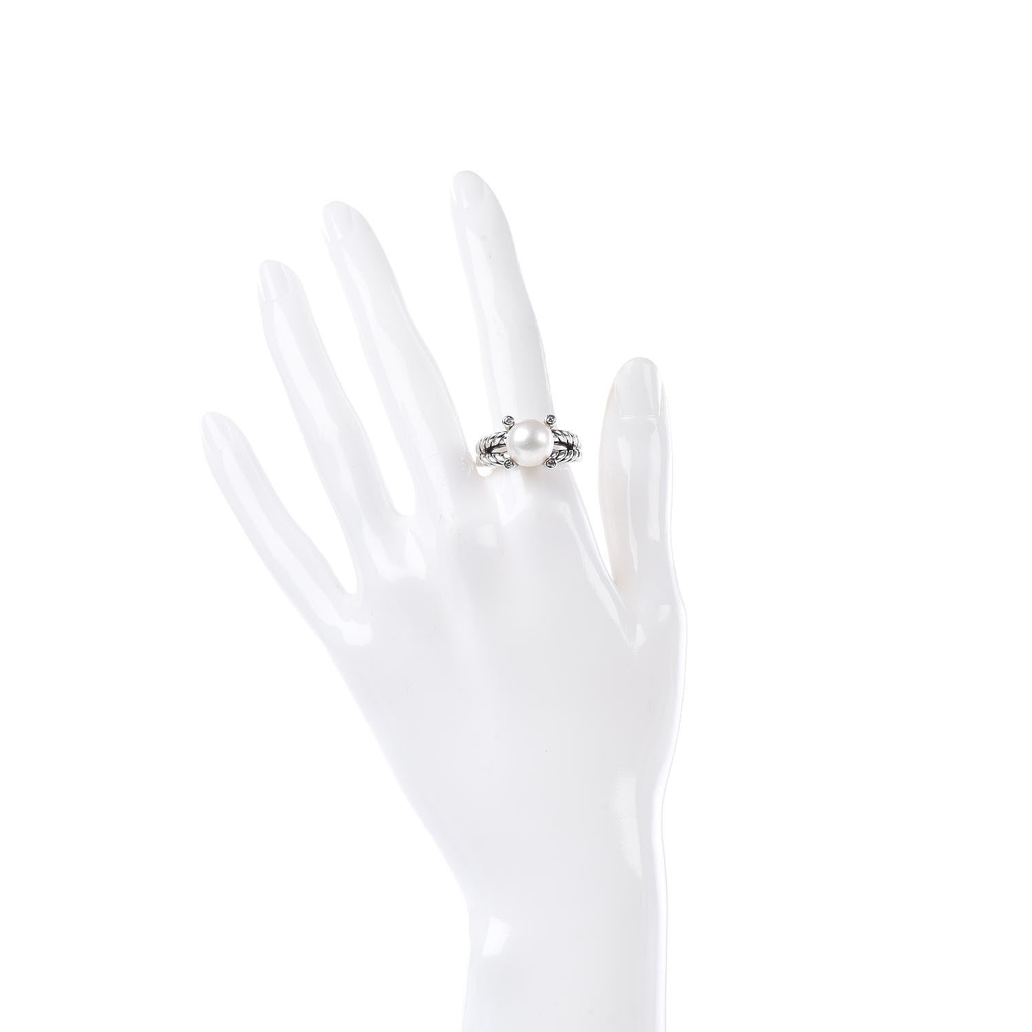 David Yurman Sterling Silver Diamond Pearl 10mm Cable Ring 54 7 2 of 5