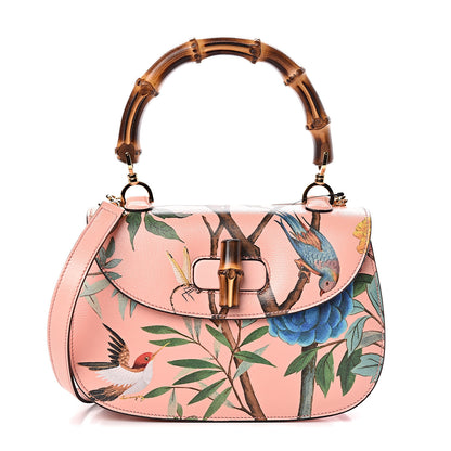 Gucci Shangai Calfskin Tian Print Small Classic Bamboo Top Handle Bag Pink Apricot Multicolor 1 of 9