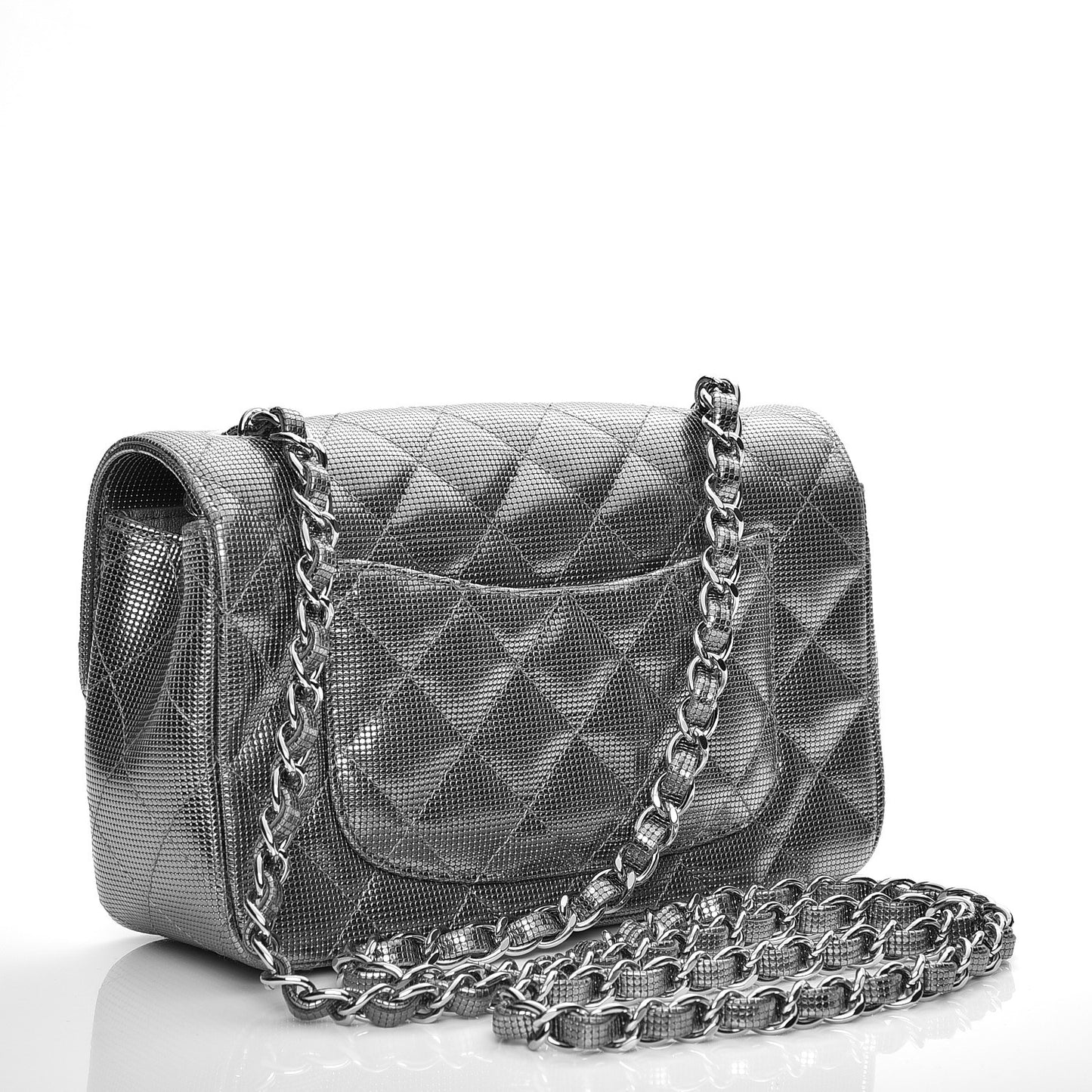 Metallic Calfskin Quilted Pixel Effect Mini Rectangular Flap Silver