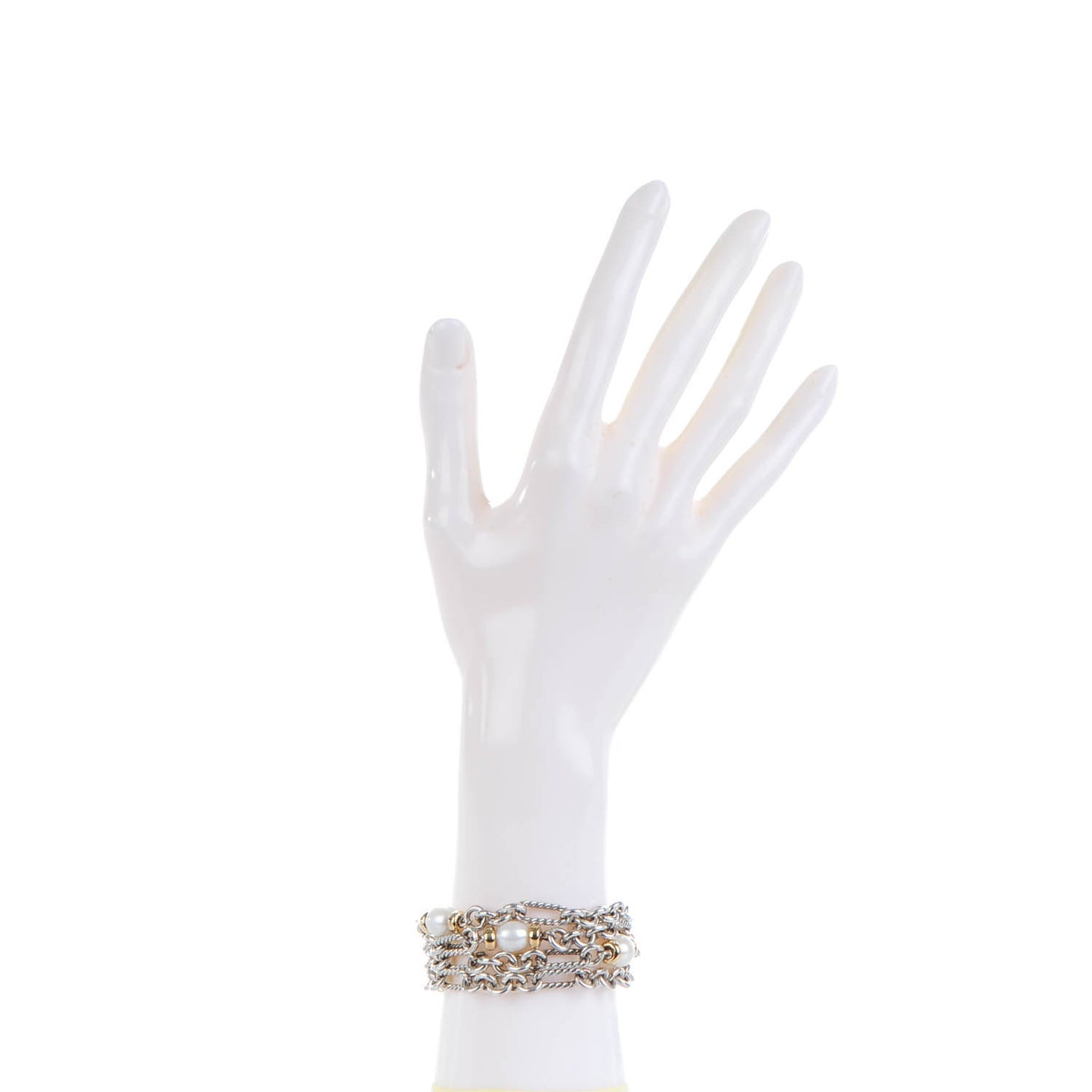 Sterling Silver 18K Yellow Gold Pearl 10mm Four-Row Chain Bracelet
