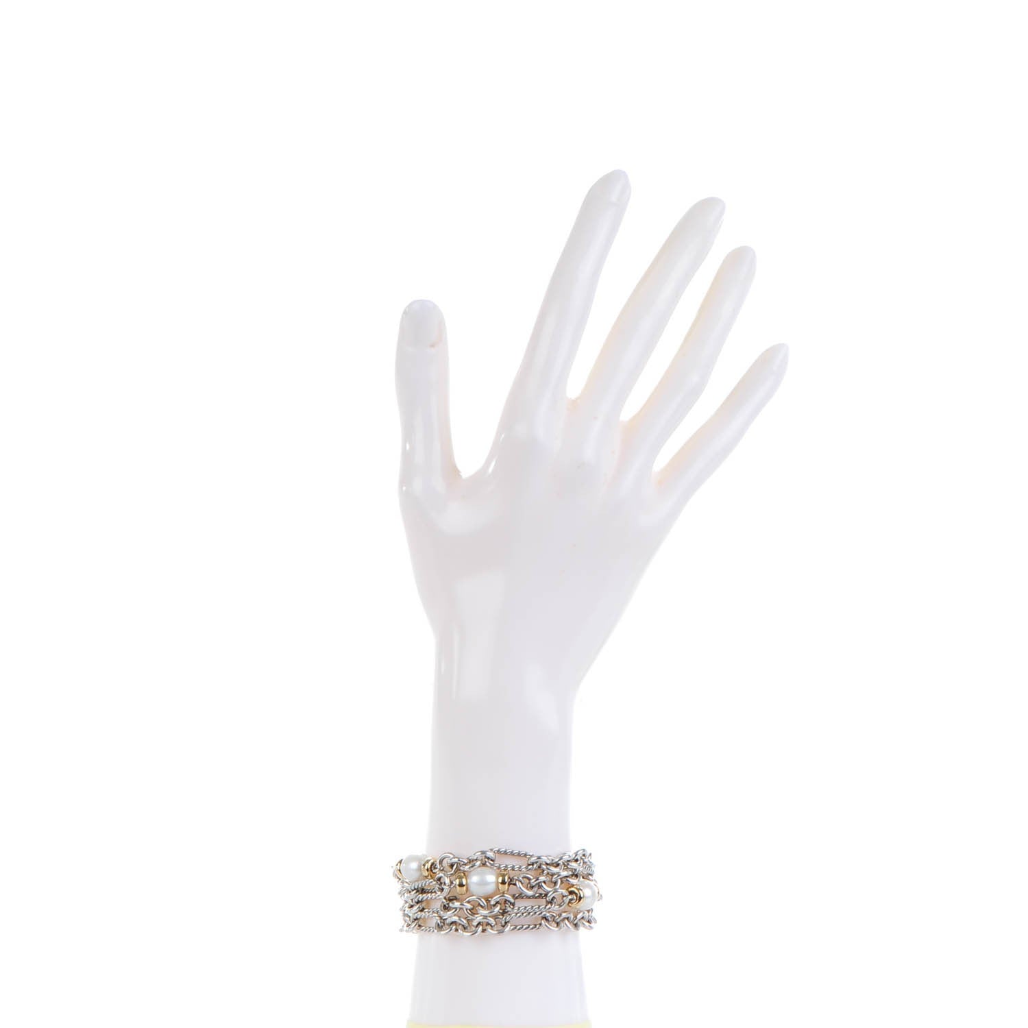 David Yurman Sterling Silver 18K Yellow Gold Pearl 10mm Four-Row Chain Bracelet 2 of 5