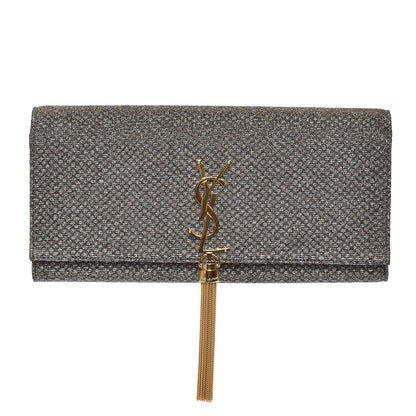 Saint Laurent Metallic Canvas Woven Classic Monogram Kate Tassel Clutch Silver Gold 1 of 7