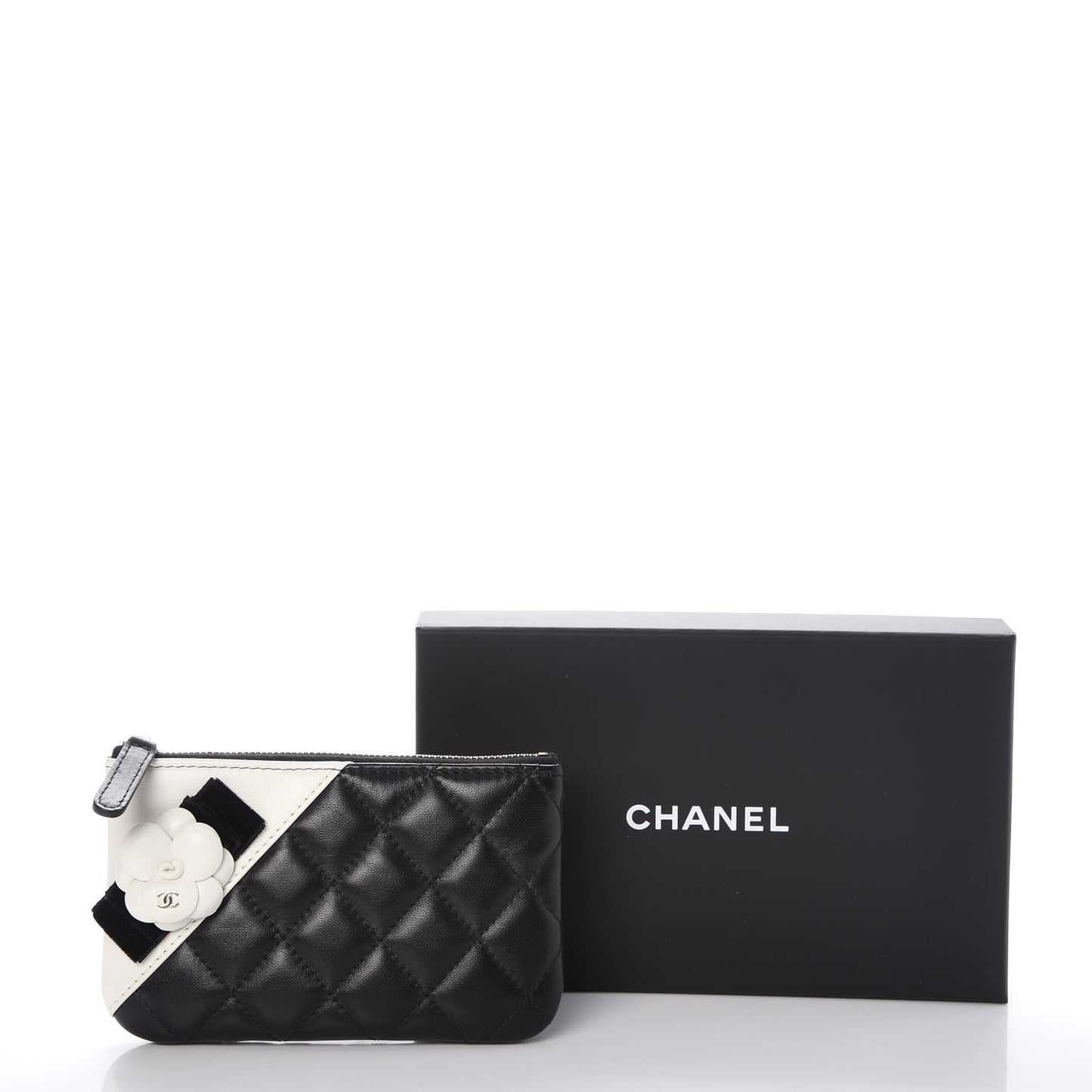 Lambskin Quilted Small Camellia Cosmetic Pouch Black White