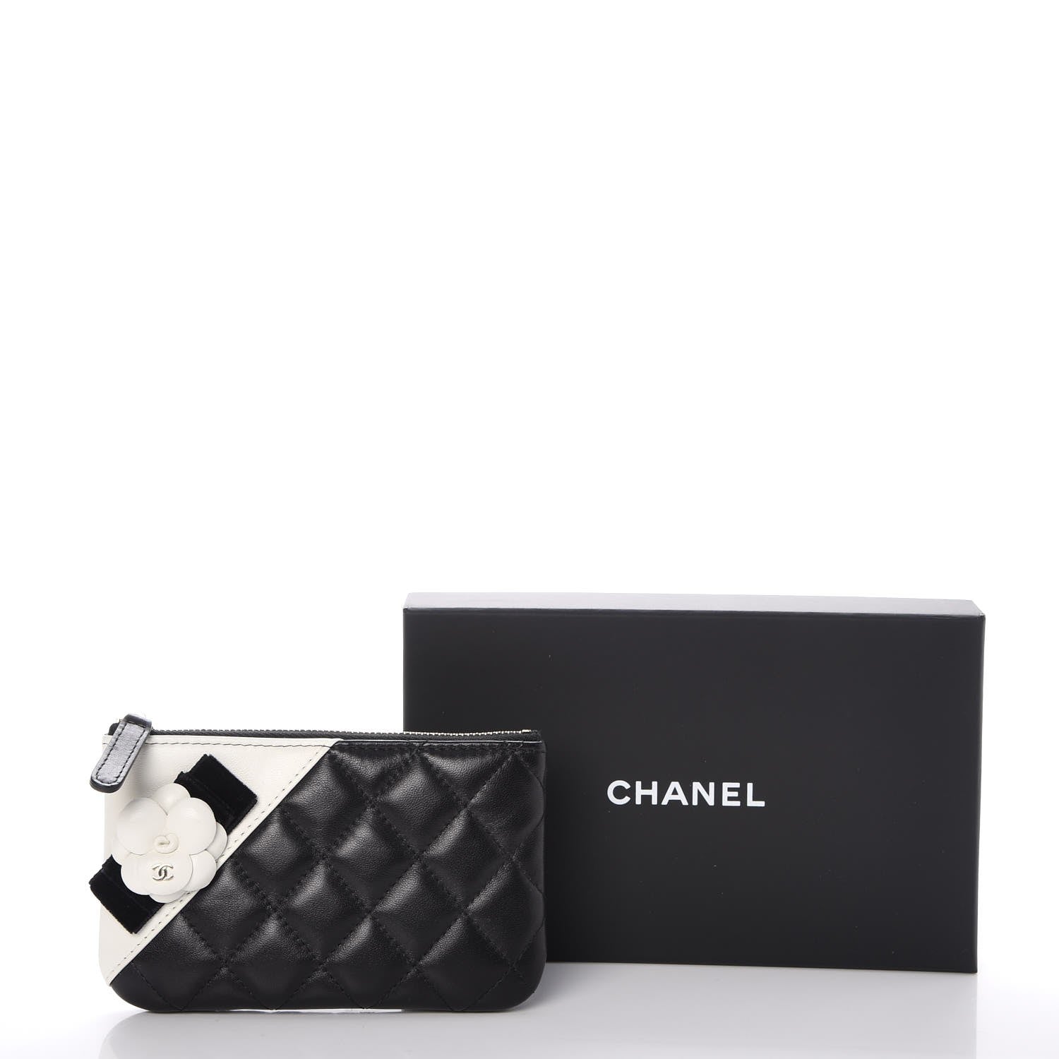 Chanel Lambskin Quilted Small Camellia Cosmetic Pouch Black White 8 of 8