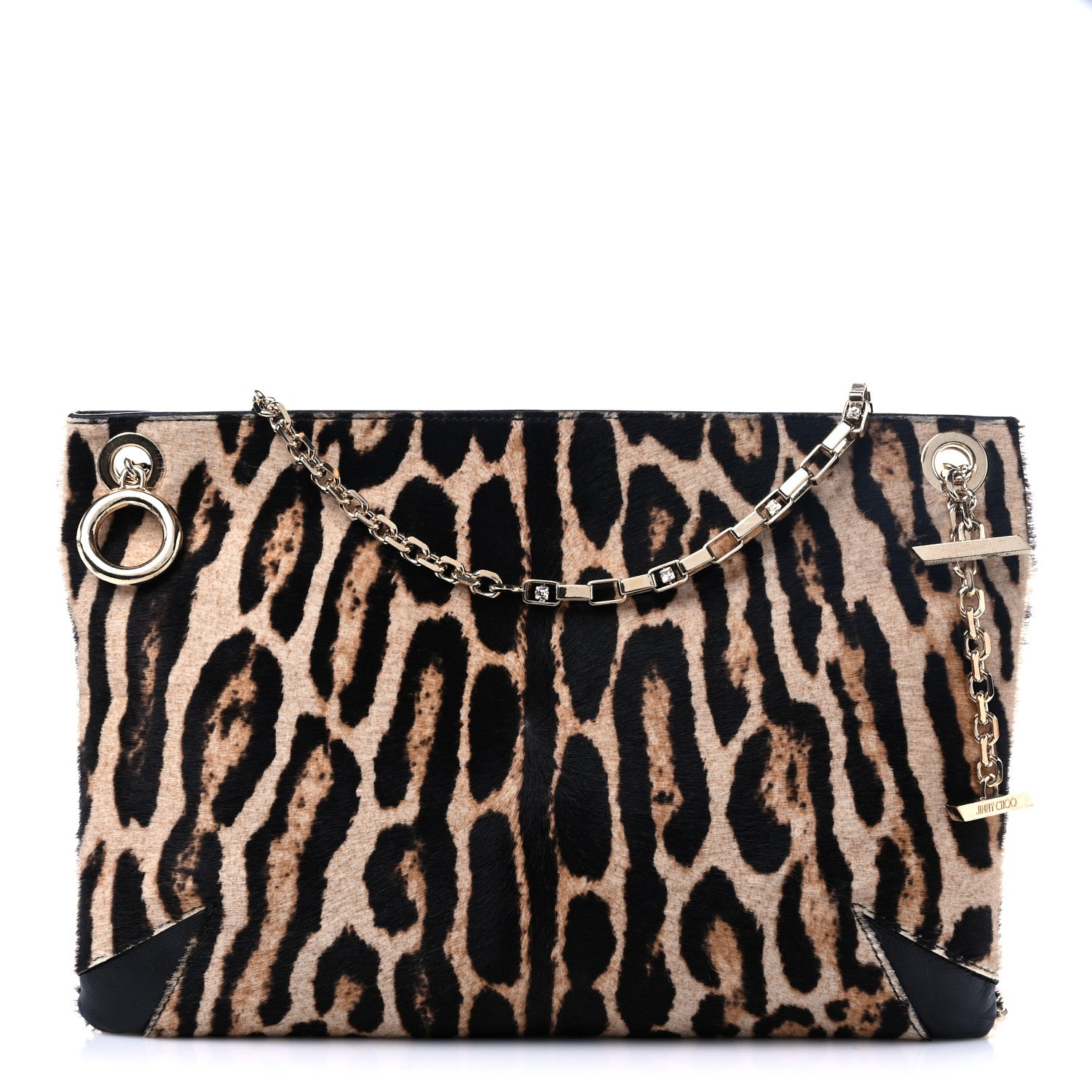 Jimmy Choo Pony Hair Leopard Print Crystal Chain Shoulder Bag Black 1 of 12