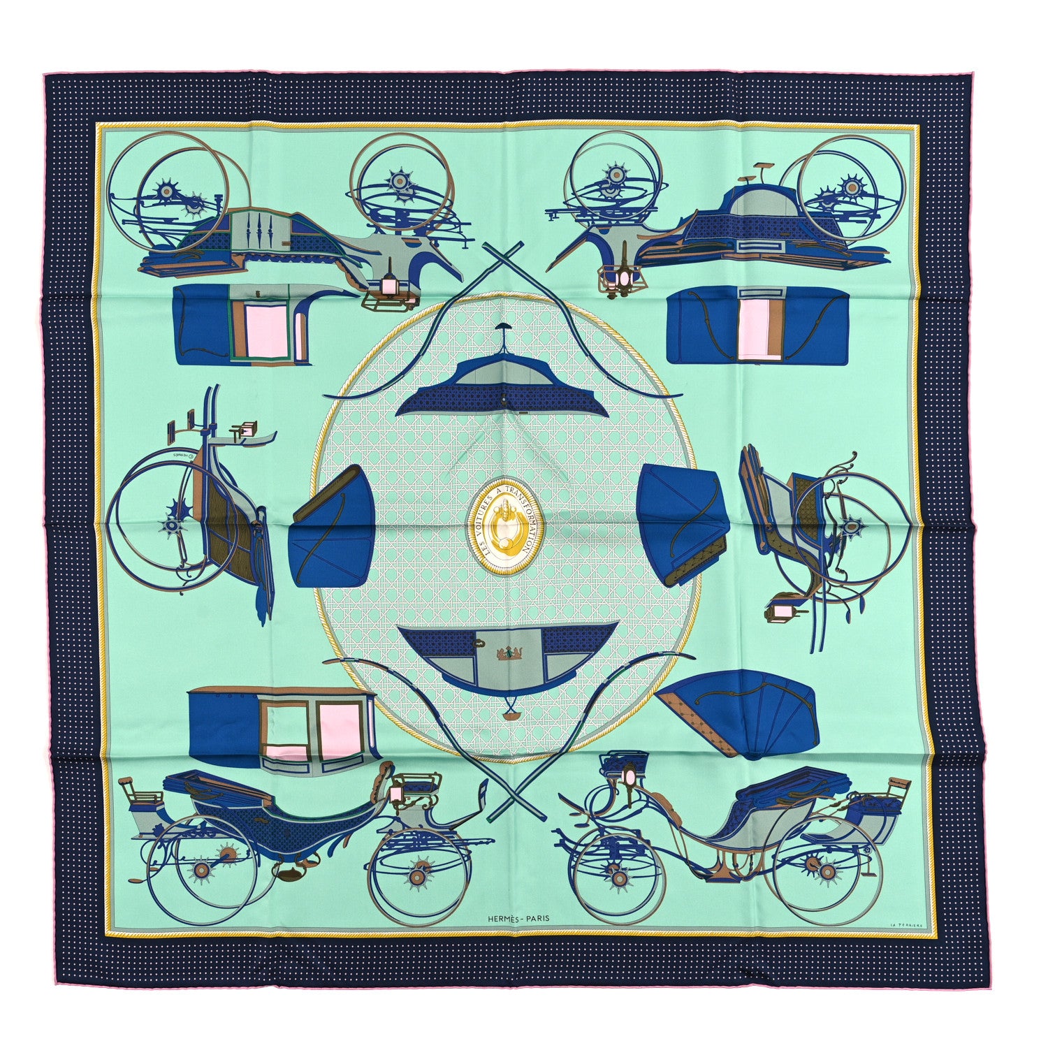 Hermes Silk Les Voitures A Transformation Scarf 90 Vert Jade Marine Rose 1 of 3