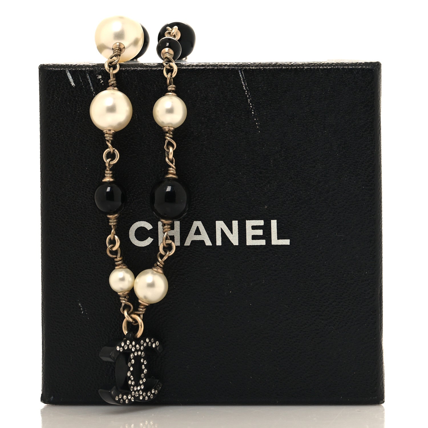 Chanel Pearl Crystal Bead CC Necklace Silver Black 5 of 5