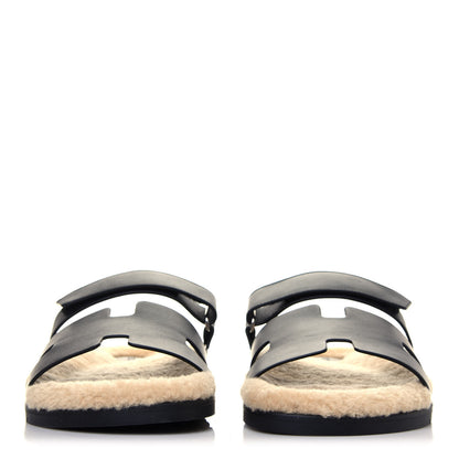 Hermes Veau Indios Woolskin Mens Chypre Sandals 45 Black Ecru 2 of 8